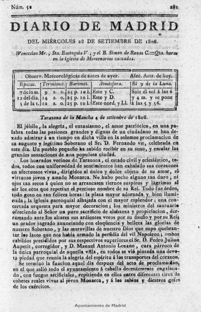 Miniatura de Diario de Madrid del miércoles 28 de Septiembre de 1808