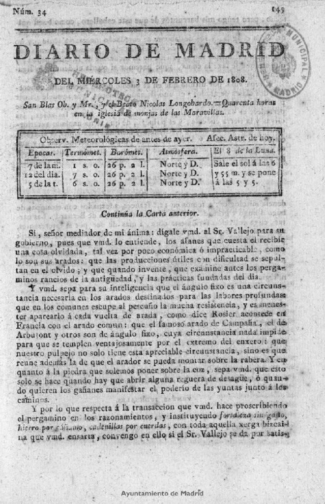Miniatura de Diario de Madrid del miércoles 3 de Febrero de 1808