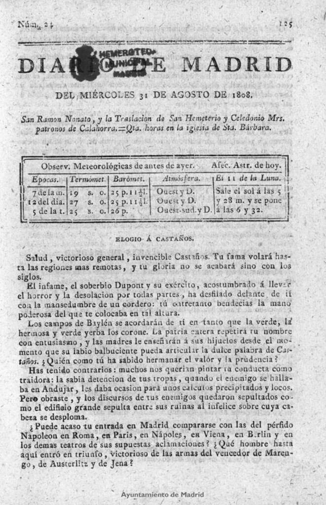 Miniatura de Diario de Madrid del miércoles 31 de Agosto de 1808