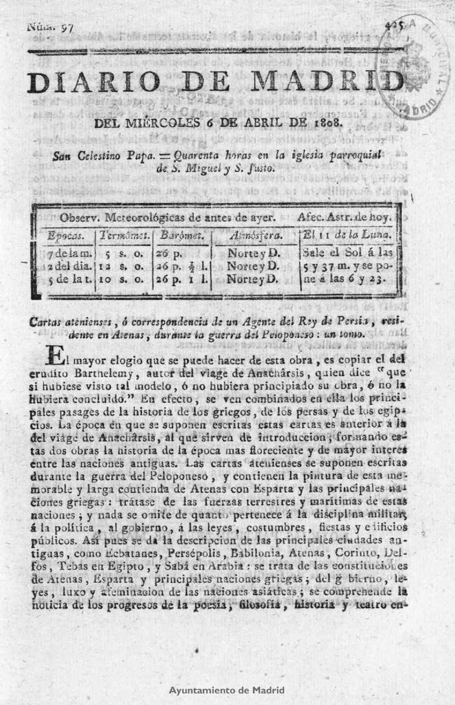 Miniatura de Diario de Madrid del miércoles 6 de Abril de 1808
