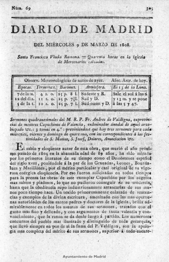 Miniatura de Diario de Madrid del miércoles 9 de Marzo de 1808