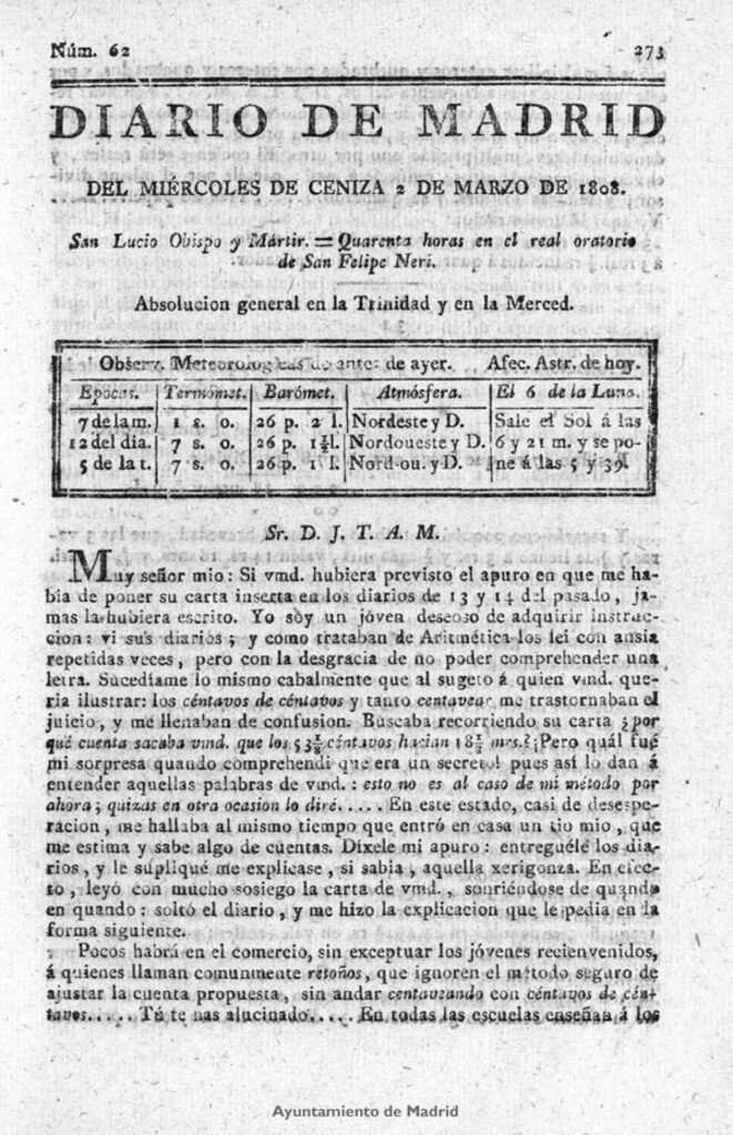 Miniatura de Diario de Madrid del miércoles de ceniza 2 de Marzo de 1808
