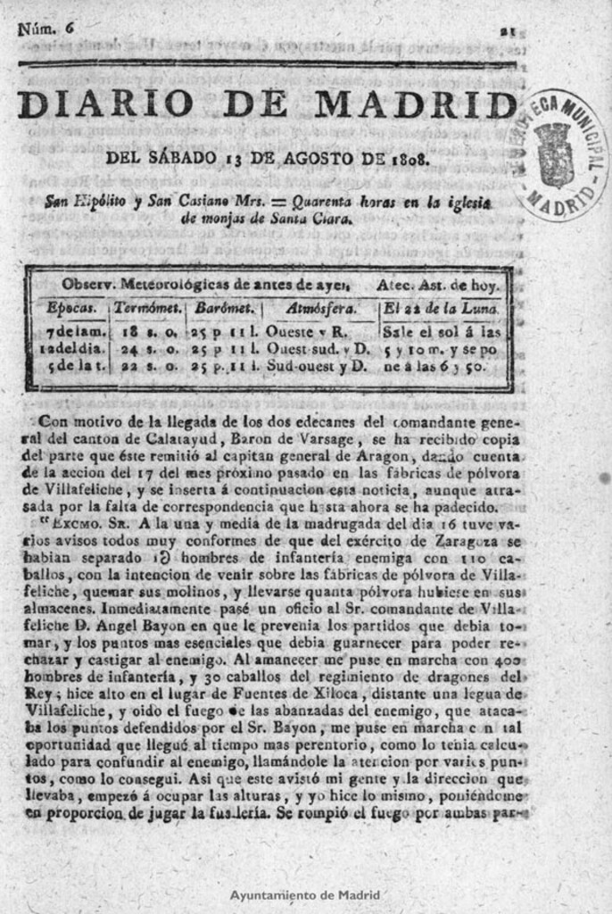 Miniatura de Diario de Madrid del sábado 13 de Agosto de 1808