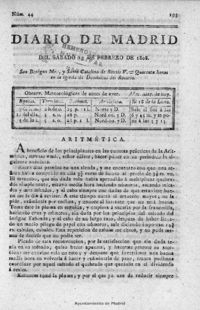 Miniatura de Diario de Madrid del sábado 13 de Febrero de 1808