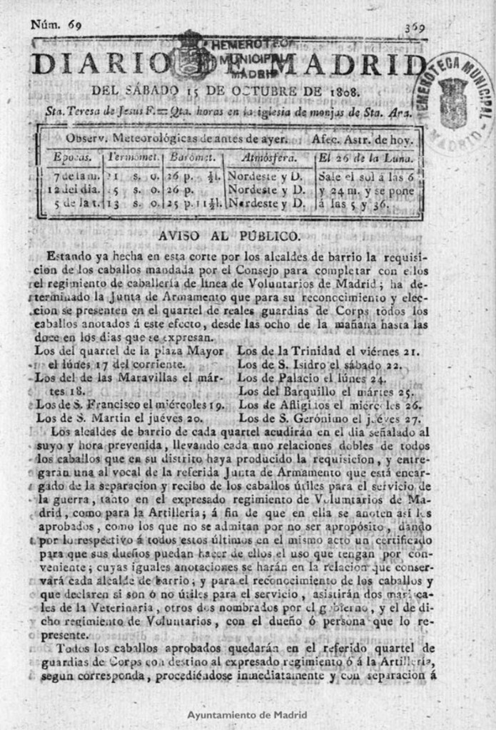 Miniatura de Diario de Madrid del sábado 15 de Octubre de 1808