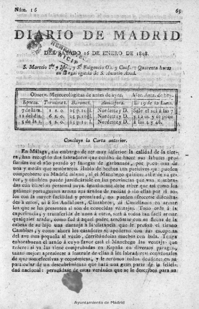 Miniatura de Diario de Madrid del sábado 16 de Enero de 1808