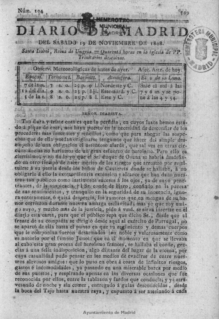 Miniatura de Diario de Madrid del sábado 19 de Noviembre de 1808