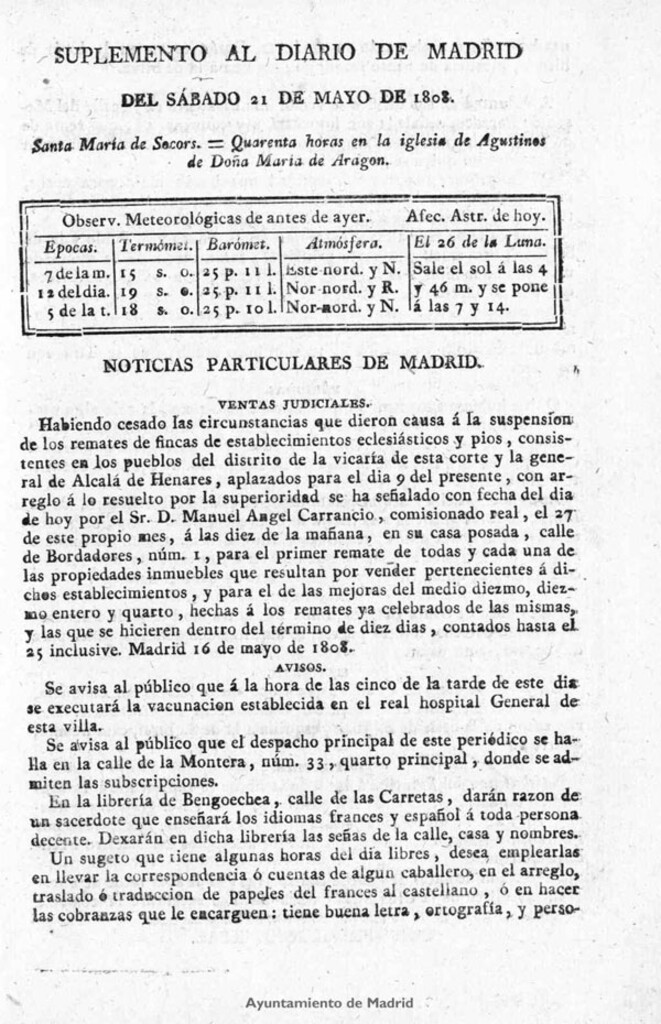 Miniatura de Diario de Madrid del sábado 21 de Mayo de 1808