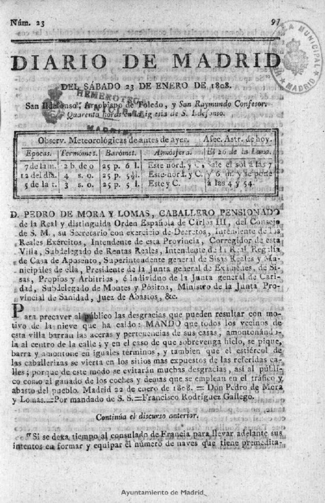 Miniatura de Diario de Madrid del sábado 23 de Enero de 1808