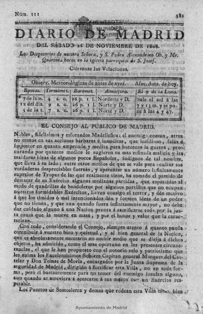 Miniatura de Diario de Madrid del sábado 26 de Noviembre de 1808