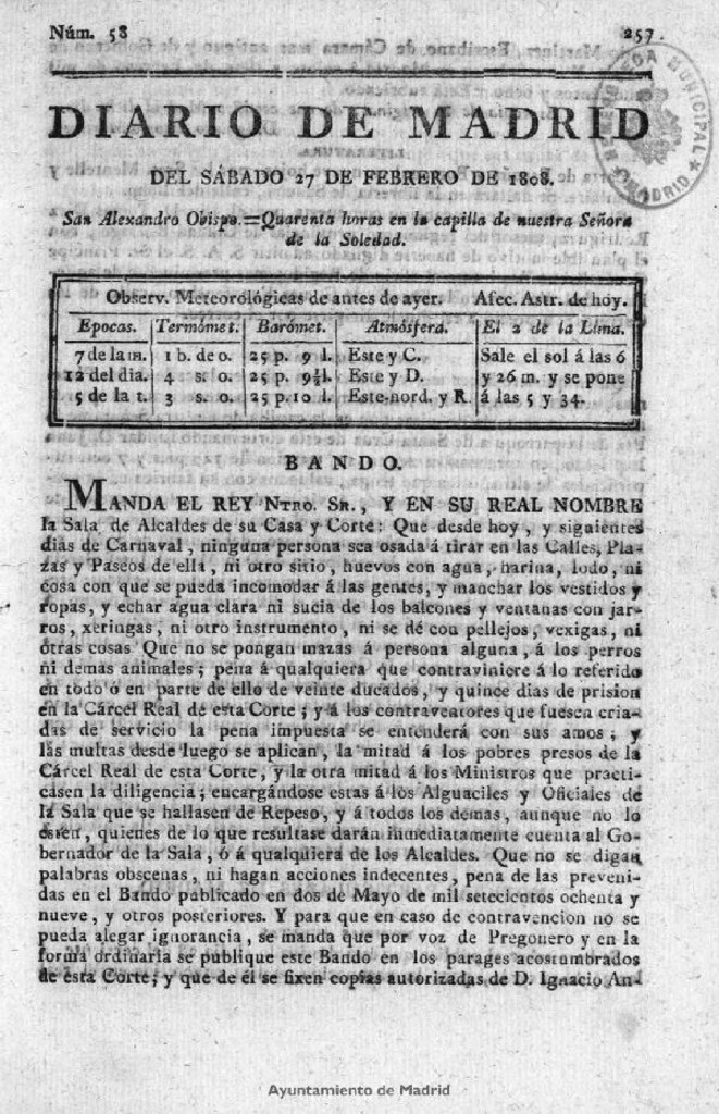 Miniatura de Diario de Madrid del sábado 27 de Febrero de 1808