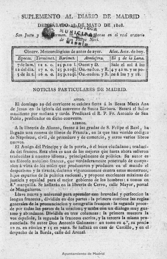 Miniatura de Diario de Madrid del sábado 28 de Mayo de 1808