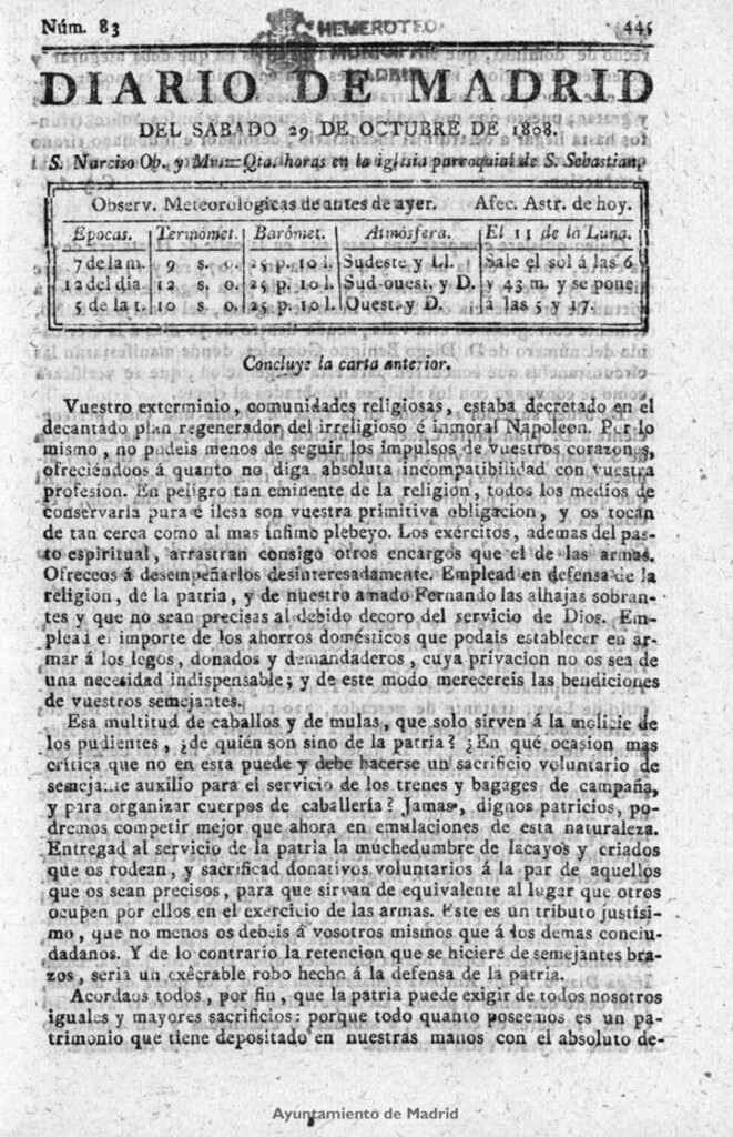 Miniatura de Diario de Madrid del sábado 29 de Octubre de 1808