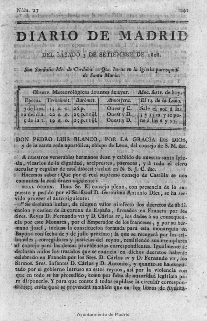 Miniatura de Diario de Madrid del sábado 3 de Septiembre de 1808