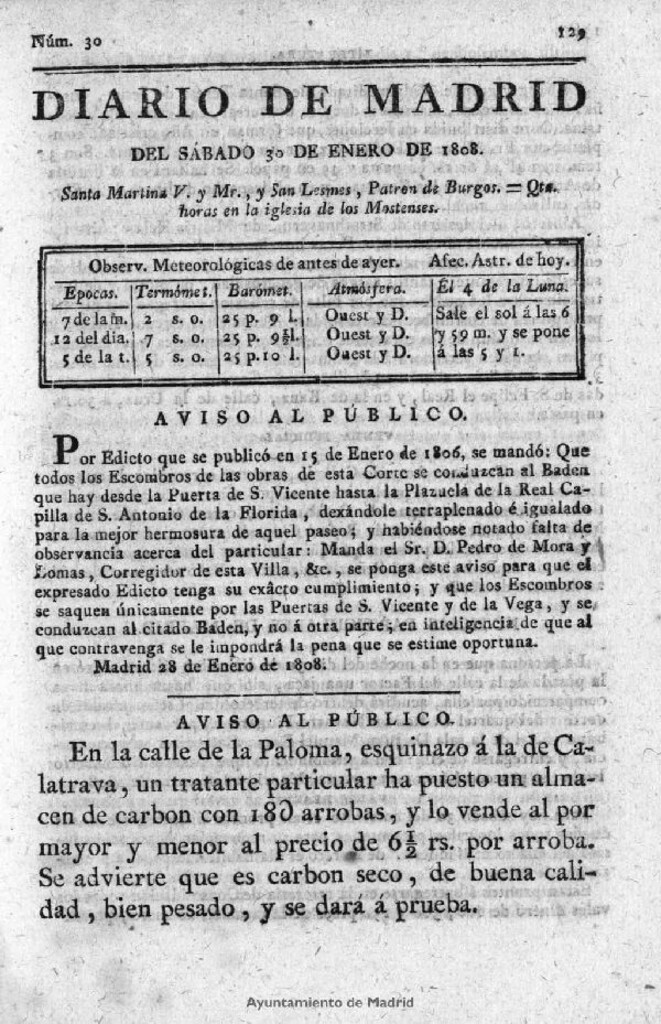 Miniatura de Diario de Madrid del sábado 30 de Enero de 1808