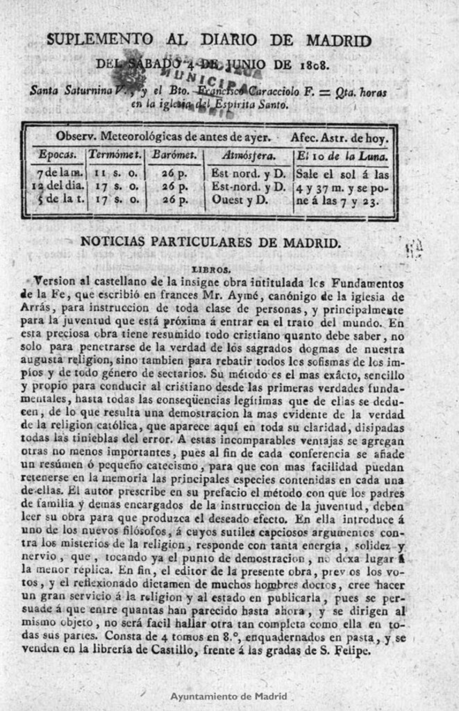 Miniatura de Diario de Madrid del sábado 4 de Junio de 1808