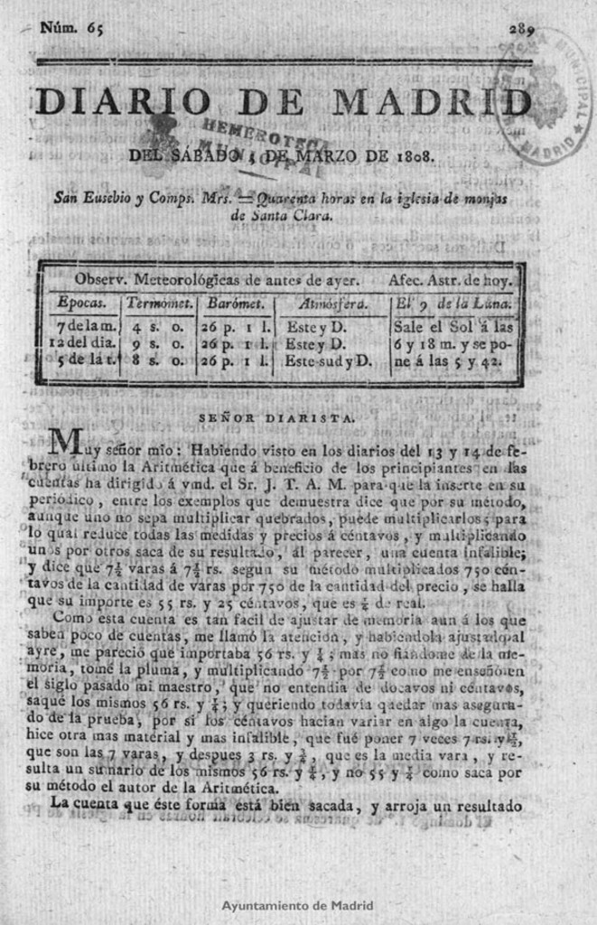 Miniatura de Diario de Madrid del sábado 5 de Marzo de 1808