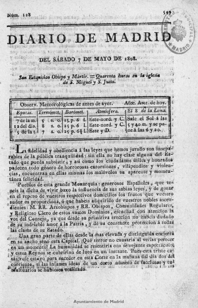 Miniatura de Diario de Madrid del sábado 7 de Mayo de 1808