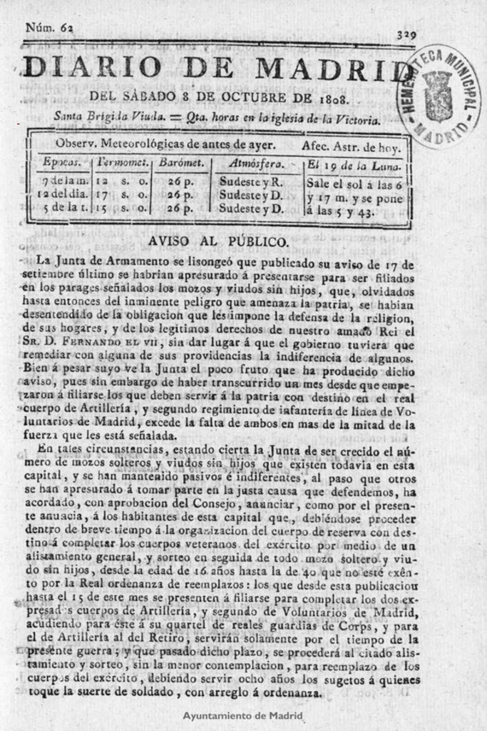 Miniatura de Diario de Madrid del sábado 8 de Octubre de 1808
