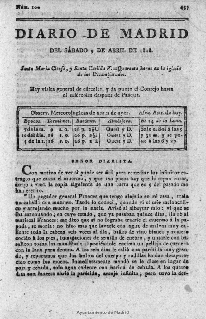 Miniatura de Diario de Madrid del sábado 9 de Abril de 1808