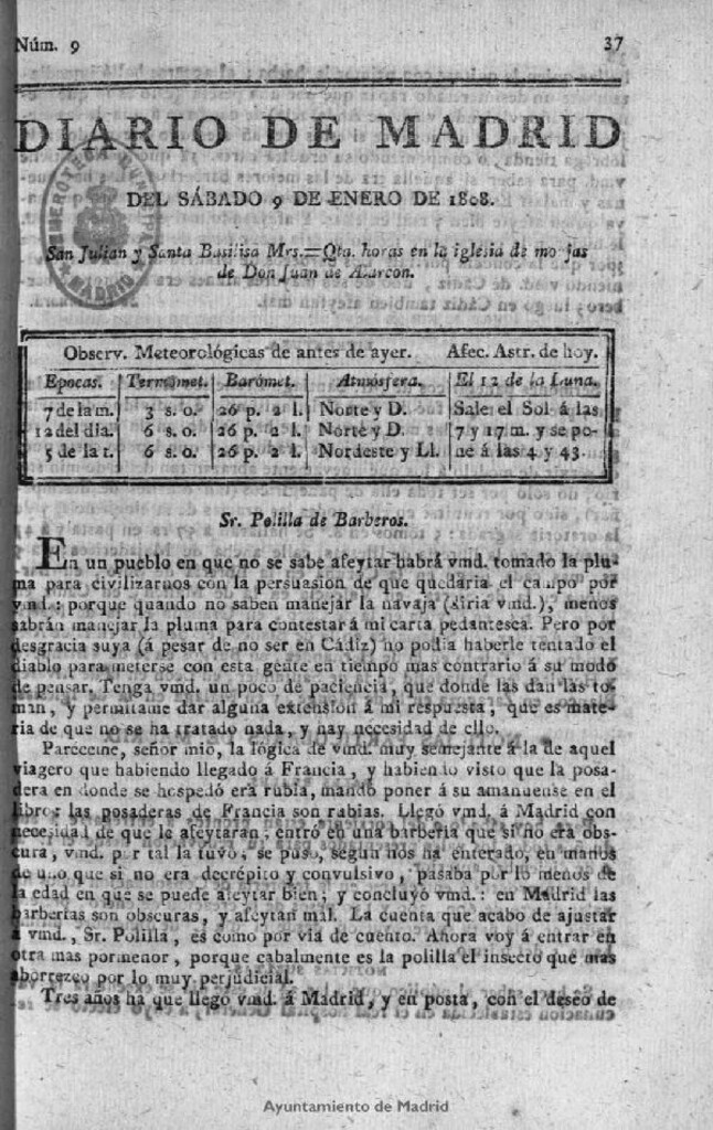 Miniatura de Diario de Madrid del sábado 9 de Enero de 1808