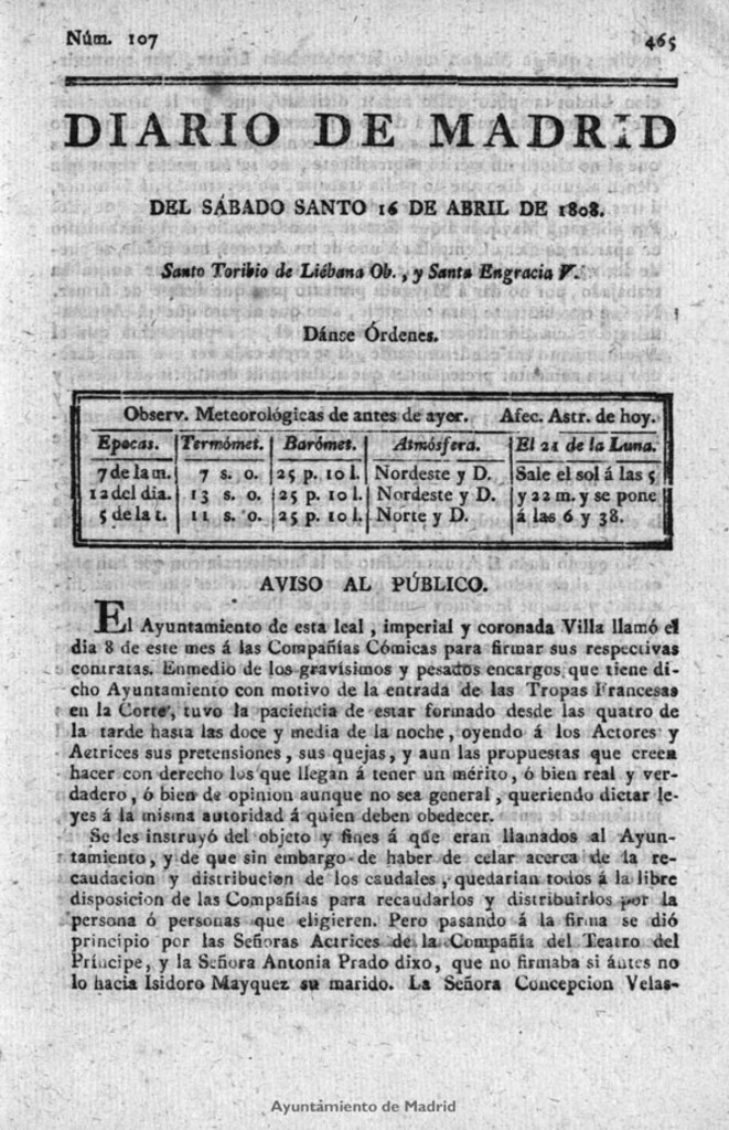 Miniatura de Diario de Madrid del Sábado Santo 16 de Abril de 1808