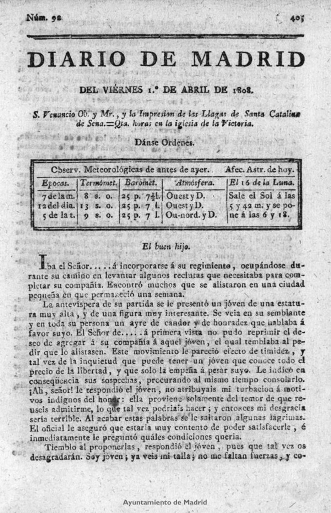 Miniatura de Diario de Madrid del viernes 1 de Abril de 1808