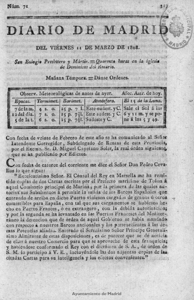 Miniatura de Diario de Madrid del viernes 11 de Marzo de 1808
