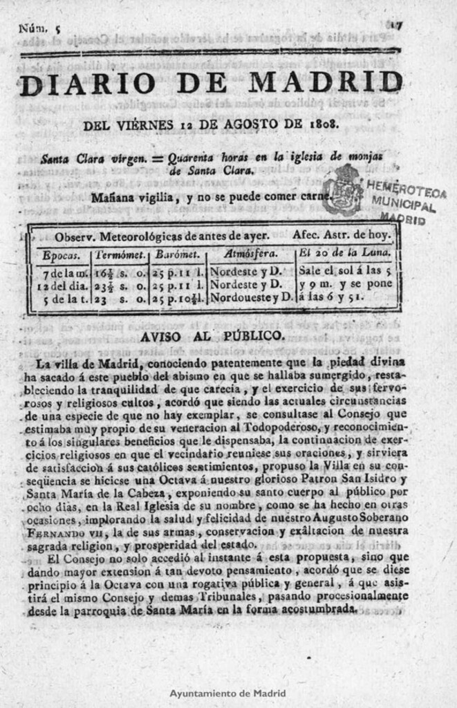 Miniatura de Diario de Madrid del viernes 12 de Agosto de 1808