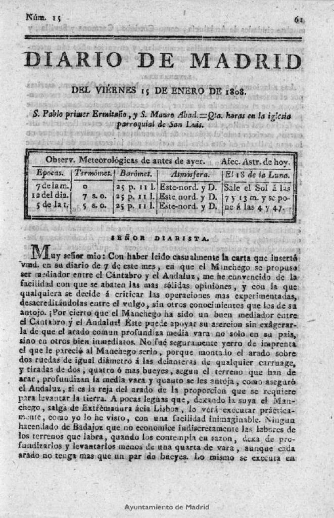 Miniatura de Diario de Madrid del viernes 15 de Enero de 1808