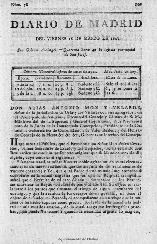 Miniatura de Diario de Madrid del viernes 18 de Marzo de 1808