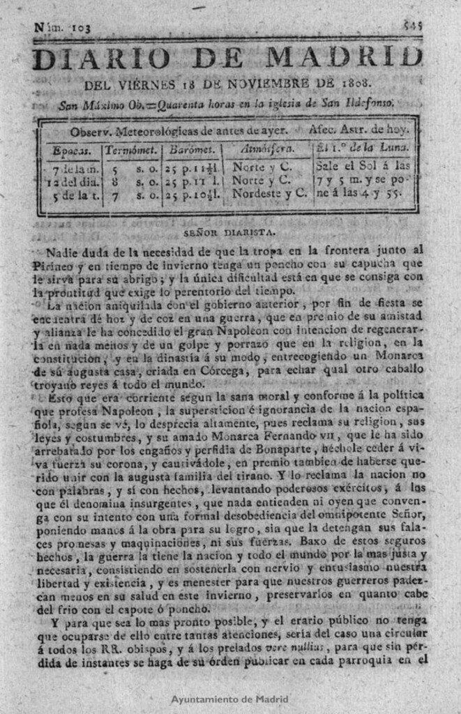 Miniatura de Diario de Madrid del viernes 18 de Noviembre de 1808