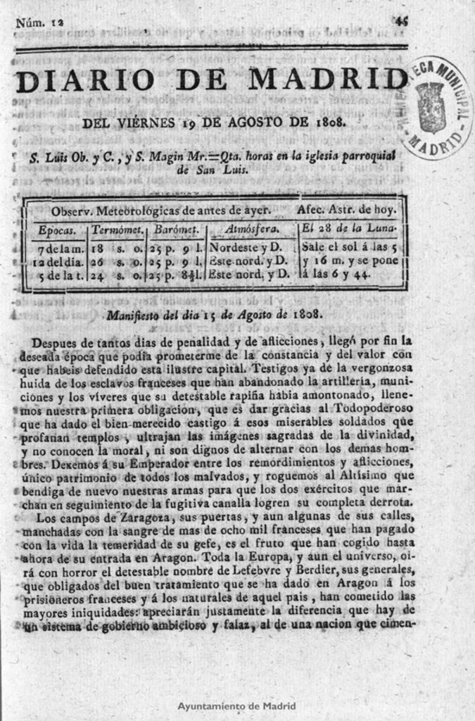 Miniatura de Diario de Madrid del viernes 19 de Agosto de 1808