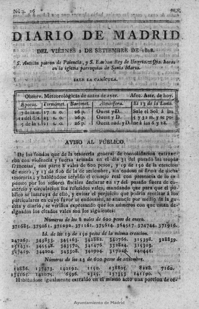 Miniatura de Diario de Madrid del viernes 2 de Septiembre de 1808