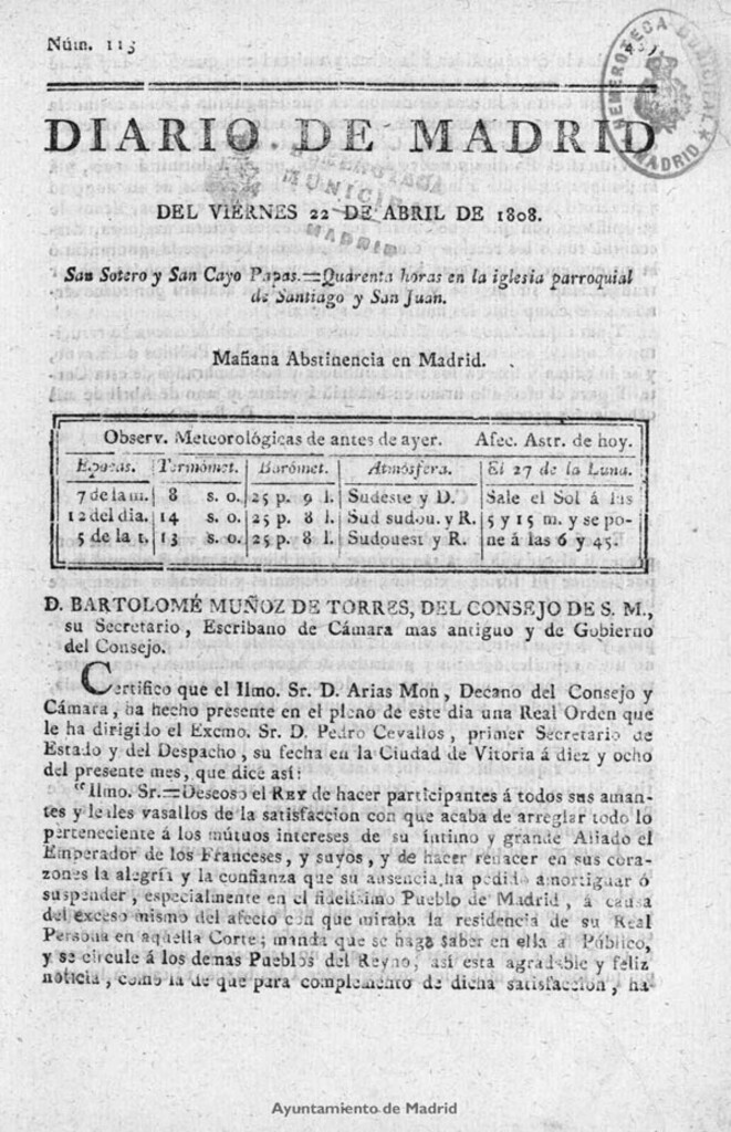 Miniatura de Diario de Madrid del viernes 22 de Abril de 1808