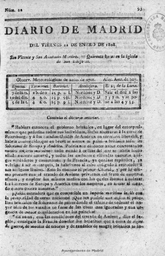 Miniatura de Diario de Madrid del viernes 22 de Enero de 1808