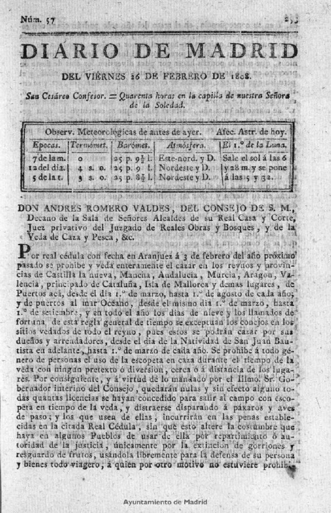 Miniatura de Diario de Madrid del viernes 26 de Febrero de 1808