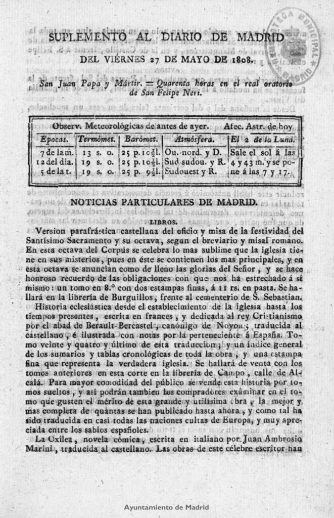 Miniatura de Diario de Madrid del viernes 27 de Mayo de 1808