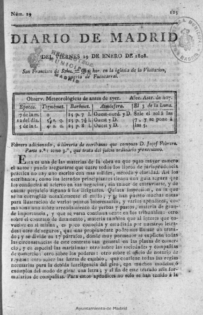 Miniatura de Diario de Madrid del viernes 29 de Enero de 1808