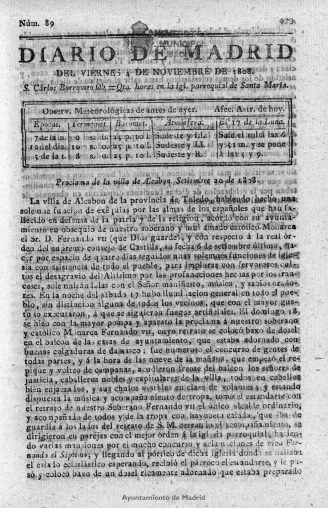 Miniatura de Diario de Madrid del viernes 4 de Noviembre de 1808