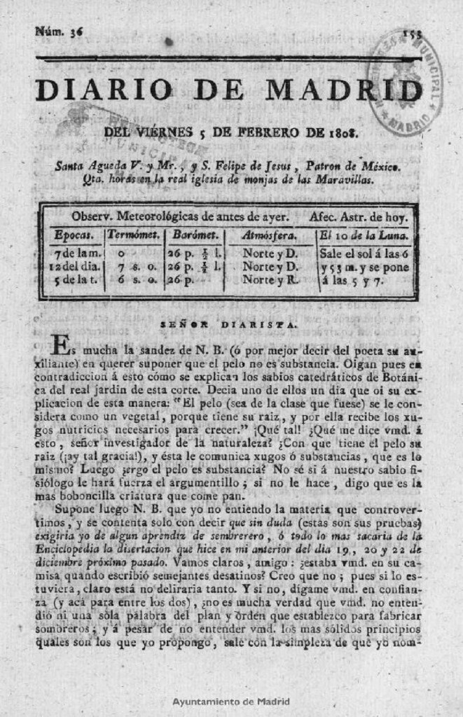 Miniatura de Diario de Madrid del viernes 5 de Febrero de 1808