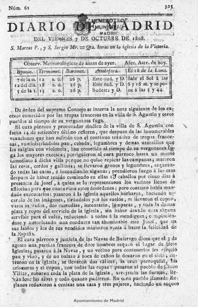 Miniatura de Diario de Madrid del viernes 7 de Octubre de 1808
