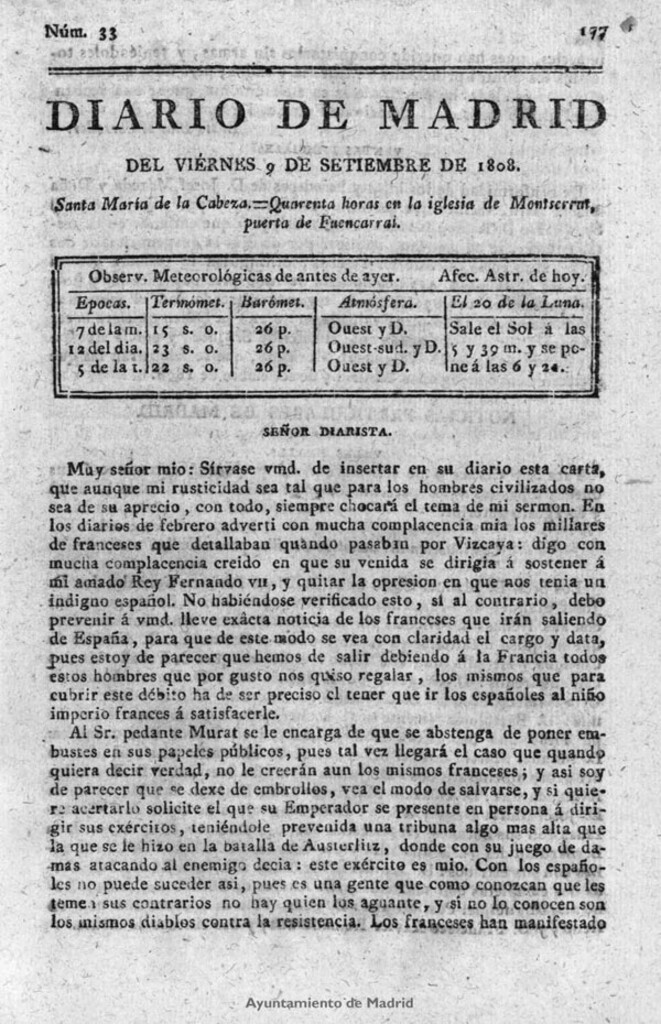 Miniatura de Diario de Madrid del viernes 9 de Septiembre de 1808