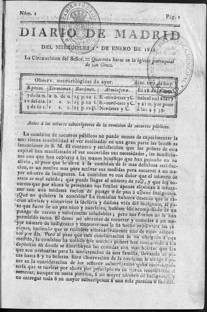 Miniatura de Diario de Madrid del miércoles 1 de Enero de 1812