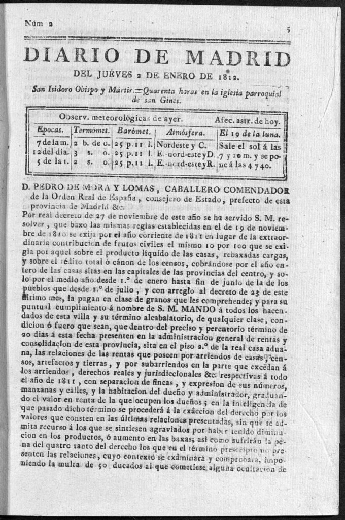 Miniatura de Diario de Madrid del jueves 2 de Enero de 1812