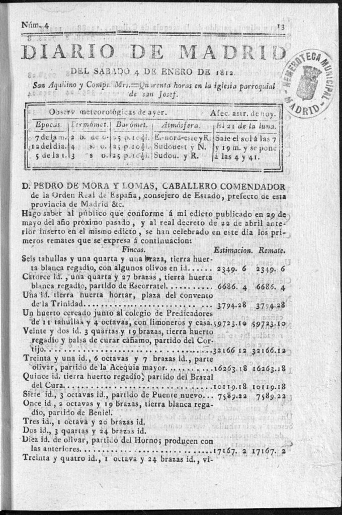 Miniatura de Diario de Madrid del sábado 4 de Enero de 1812