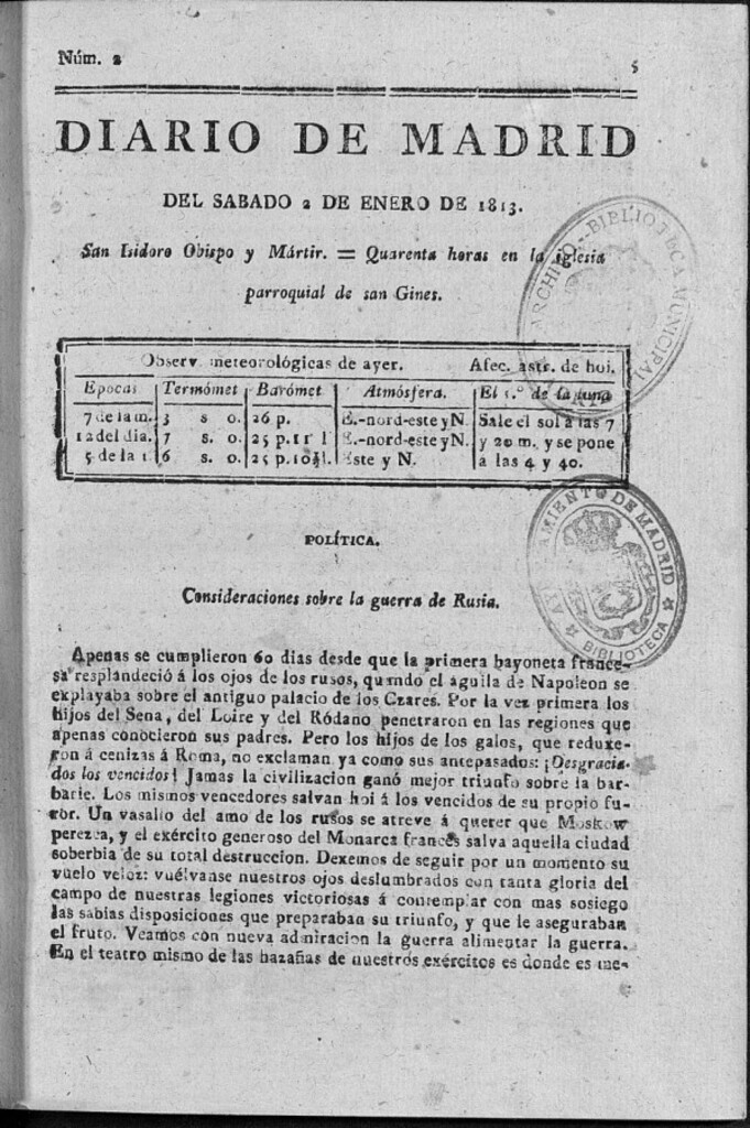 Miniatura de Diario de Madrid del sábado 2 de Enero de 1813