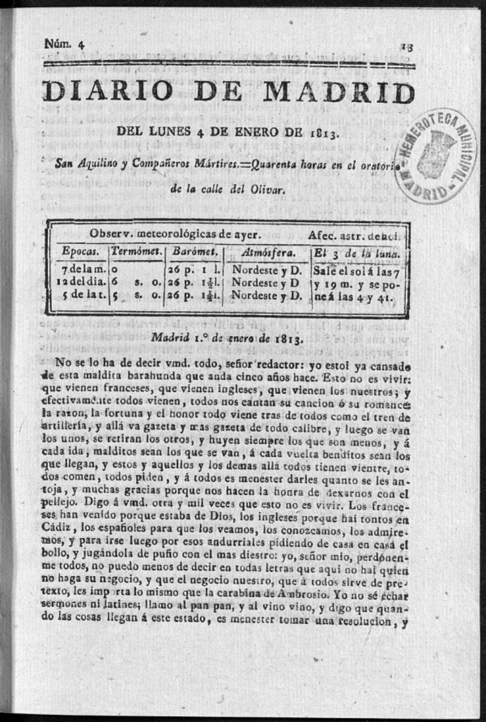 Miniatura de Diario de Madrid del Lunes 4 de Enero de 1813