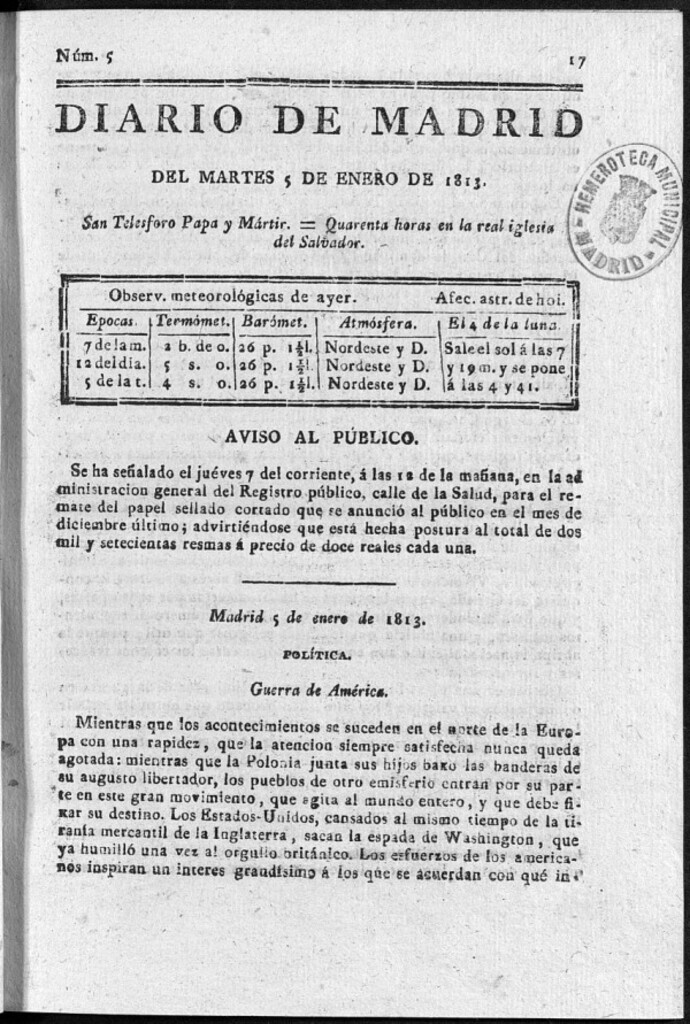 Miniatura de Diario de Madrid del Martes 5 de Enero de 1813
