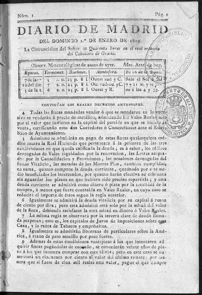 Miniatura de Diario de Madrid del domingo 1 de Enero de 1809